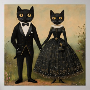 Schwarzes Katzenpaar vintage Folklore Kunst gothic Poster