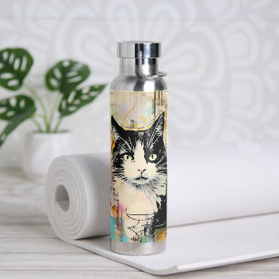 Schwarzes Katzenporträt Name Katzenliebhaber Trinkflasche