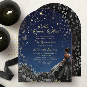 Schwarzes Kleid Himmelssterne Quinceanera Einladung