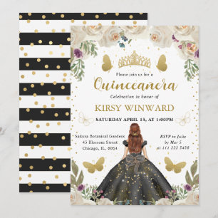 Schwarzes Kleid Rote Haare Prinzessin Quinceanera Einladung