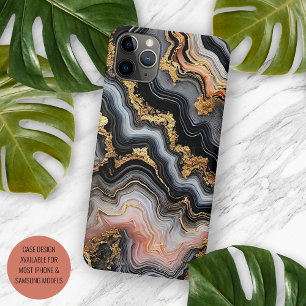 Schwarzes Korallenrosa Weiß Gold Marmormuster iPhone 16 Pro Max Hülle