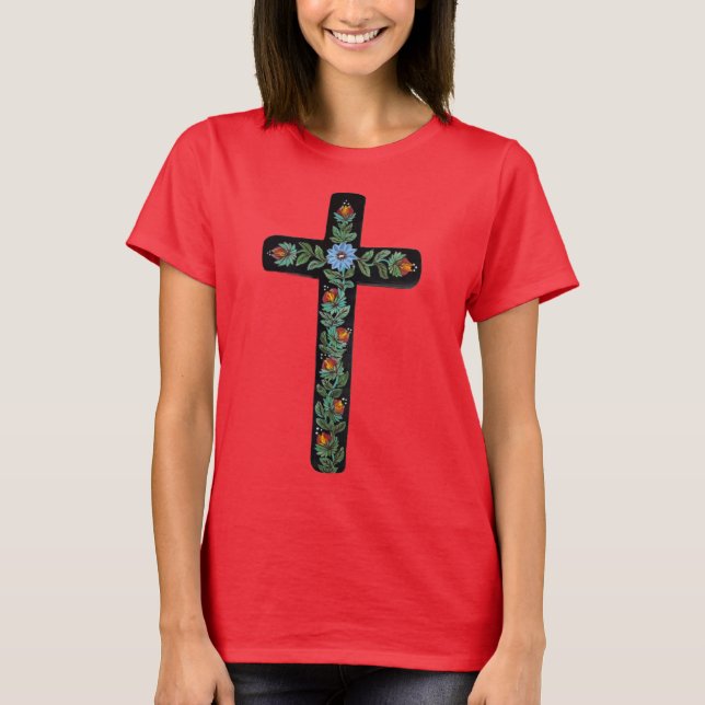 Schwarzes Kreuz mit Blumen T-Shirt (Vorderseite)