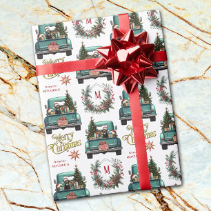 Schwarzes Lab-Retro-Lieferwagen-Monogramm Weihnach Geschenkpapier