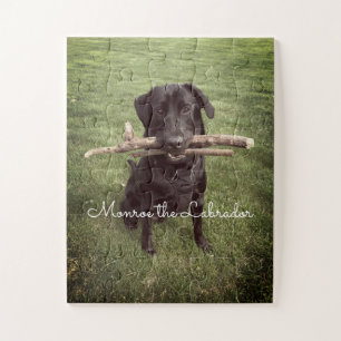 Schwarzes Labor mit zwei Sticks Hund Foto und Name Puzzle