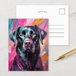 Schwarzes Labor Portrait Moderne Kunst Postkarte<br><div class="desc">Ein lebendiges, modernes Kunstportrait eines schwarzen Labrador Retriever mit kühnen, abstrakten Pinselstrichen in den Farbtönen Schwarz, Rosa und Gelb. Die ausdrucksstarken Striche erfassen die spielerische Persönlichkeit des Hundes, während die unerwartete Farbpalette dem traditionellen Portrait des Hauses eine skurrile, künstlerische Drehung verleiht. Dieses dynamische Stück verbindet Energie und Wärme und ist...</div>