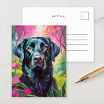 Schwarzes Labor Portrait Moderne Kunst Postkarte<br><div class="desc">Ein beeindruckendes, modernes Kunstporträt eines Set aus schwarzem Labor vor einem abstrakten, rosa und grünen Blumengarten. Die dunkle Silhouette des Hundes kontrastiert wunderbar mit den lebhaften, wirbelnden Gartenfarben, die Natur und Tier in einem ausdrucksvollen, zeitgenössischen Stil vereinen. Die abstrakten Pinselstriche schaffen ein Gefühl von Bewegung und Energie und machen dieses...</div>
