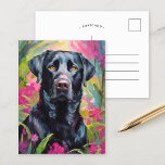 Schwarzes Labor Portrait Moderne Kunst Postkarte<br><div class="desc">Ein beeindruckendes, modernes Kunstportrait eines Set aus schwarzem Labor vor einem abstrakten, rosa und grünen Garten. Die dunkle Silhouette des Hundes kontrastiert wunderbar mit den lebhaften, wirbelnden Gartenfarben, die Natur und Tier in einem ausdrucksvollen, zeitgenössischen Stil vereinen. Die abstrakten Pinselstriche schaffen ein Gefühl von Bewegung und Energie und machen dieses...</div>