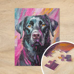 Schwarzes Labor Portrait Moderne Kunst Puzzle<br><div class="desc">Ein lebendiges, modernes Kunstportrait eines schwarzen Labrador Retriever mit kühnen, abstrakten Pinselstrichen in den Farbtönen Schwarz, Rosa und Gelb. Die ausdrucksstarken Striche erfassen die spielerische Persönlichkeit des Hundes, während die unerwartete Farbpalette dem traditionellen Portrait des Hauses eine skurrile, künstlerische Drehung verleiht. Dieses dynamische Stück verbindet Energie und Wärme und ist...</div>