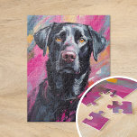 Schwarzes Labor Portrait Moderne Kunst Puzzle<br><div class="desc">Ein lebendiges, modernes Kunstportrait eines schwarzen Labrador Retriever mit kühnen, abstrakten Pinselstrichen in den Farbtönen Schwarz, Rosa und Gelb. Die ausdrucksstarken Striche erfassen die spielerische Persönlichkeit des Hundes, während die unerwartete Farbpalette dem traditionellen Portrait des Hauses eine skurrile, künstlerische Drehung verleiht. Dieses dynamische Stück verbindet Energie und Wärme und ist...</div>