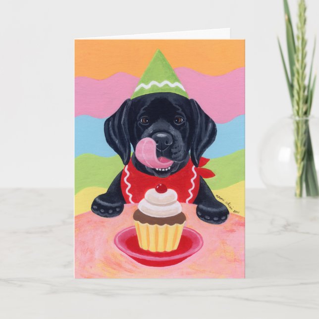 Schwarzes Labor Welpe Geburtstag Cupcake Malerei Karte (Vorderseite)