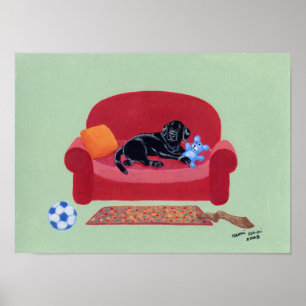 Schwarzes Labrador am rosa Couchwerk Poster