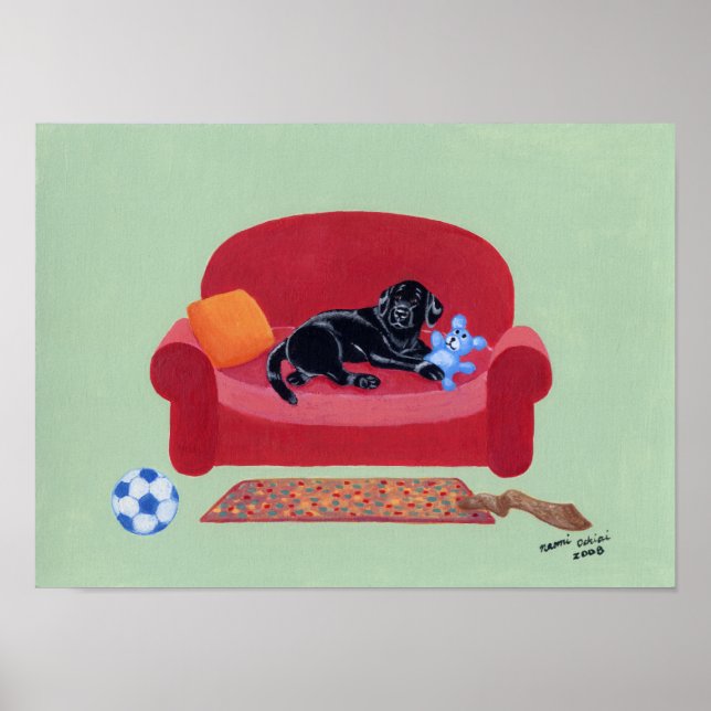 Schwarzes Labrador am rosa Couchwerk Poster (Vorne)