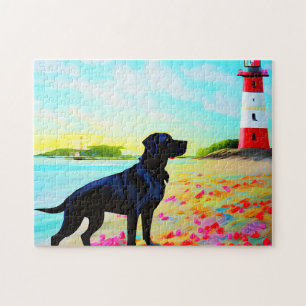 Schwarzes Labrador am Strand stehend Puzzle