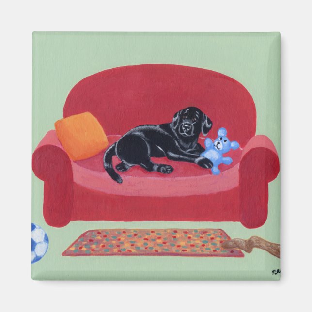 Schwarzes Labrador auf dem rosa Sofa Magnet (Vorne)