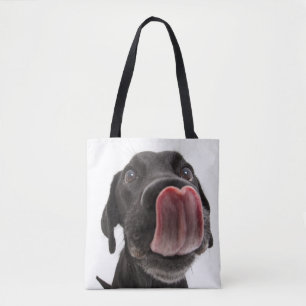 Schwarzes Labrador, das seine Nase leckt