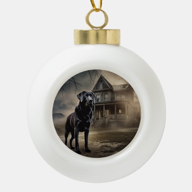Schwarzes Labrador Halloween Beängstigend Keramik Kugel-Ornament (Vorderseite)