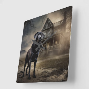 Schwarzes Labrador Halloween Beängstigend Quadratische Wanduhr