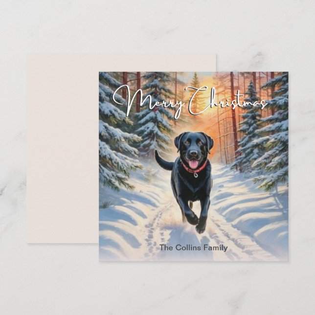 Schwarzes Labrador im Schnee Winter Frohe Weihnach Feiertagskarte (Vorne/Hinten)