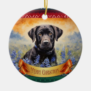 Schwarzes Labrador in Bluebonnets Keramik Ornament