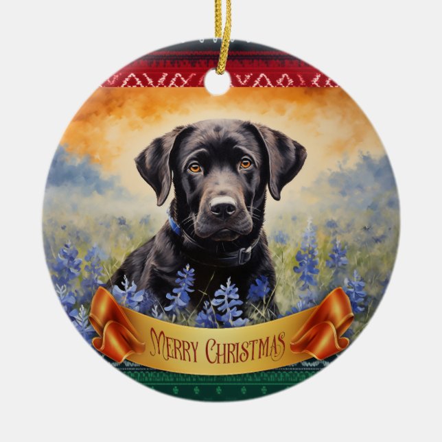 Schwarzes Labrador in Bluebonnets Keramik Ornament (Vorne)