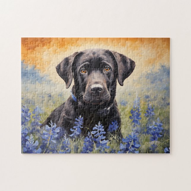 Schwarzes Labrador in Bluebonnets Puzzle (Horizontal)