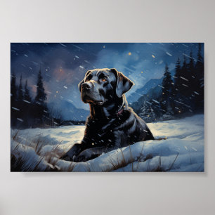 Schwarzes Labrador in der Winternacht Poster