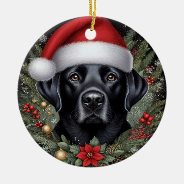 Schwarzes Labrador mit festlicher Weihnachtsmannmü Keramik Ornament (Vorne)