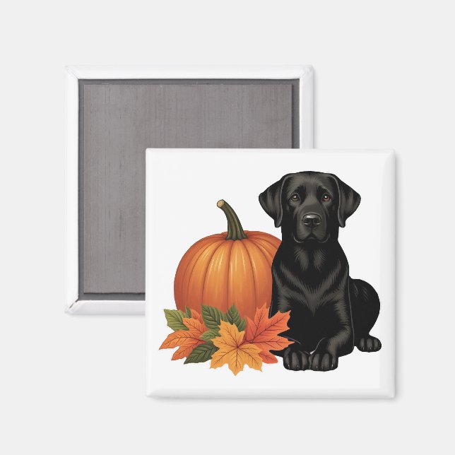 Schwarzes Labrador mit Herbstblättern und Pumpkin Magnet (Vorderseite/Rückseite)