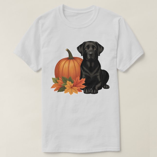Schwarzes Labrador mit Herbstblättern und Pumpkin T-Shirt (Design vorne)
