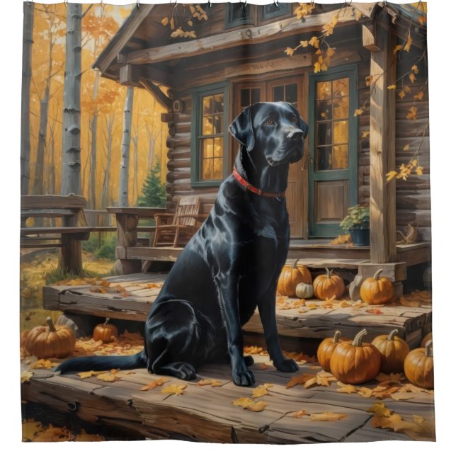 Schwarzes Labrador Retriever Log Kabine Herbst Duschvorhang (Vorderseite)