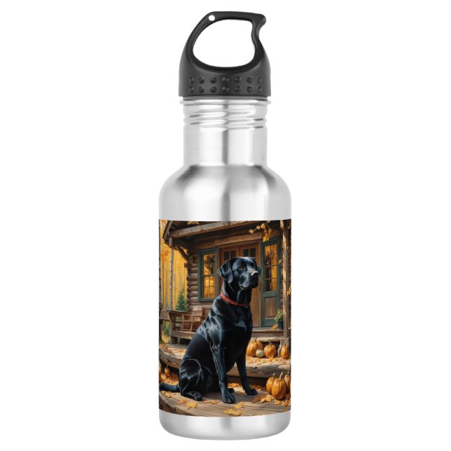 Schwarzes Labrador Retriever Log Kabine Herbst Edelstahlflasche (Vorderseite)