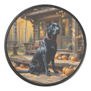 Schwarzes Labrador Retriever Log Kabine Herbst Eishockey Puck