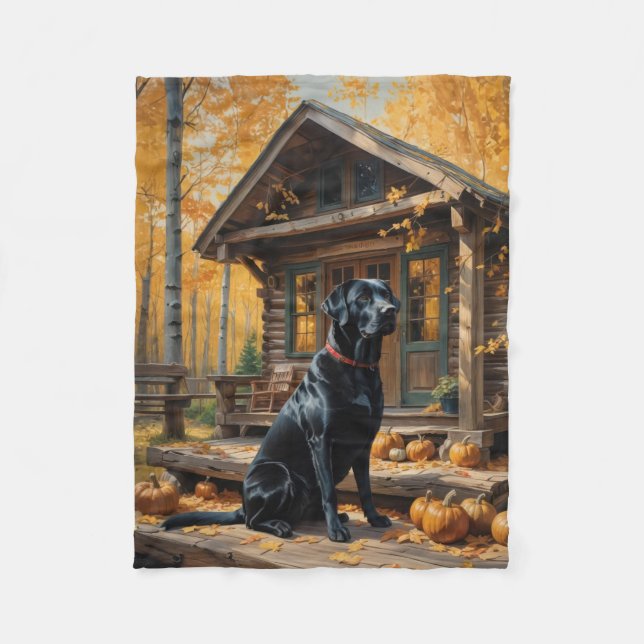 Schwarzes Labrador Retriever Log Kabine Herbst Fleecedecke (Vorderseite)