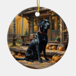 Schwarzes Labrador Retriever Log Kabine Herbst Keramik Ornament