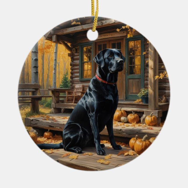 Schwarzes Labrador Retriever Log Kabine Herbst Keramik Ornament (Vorne)