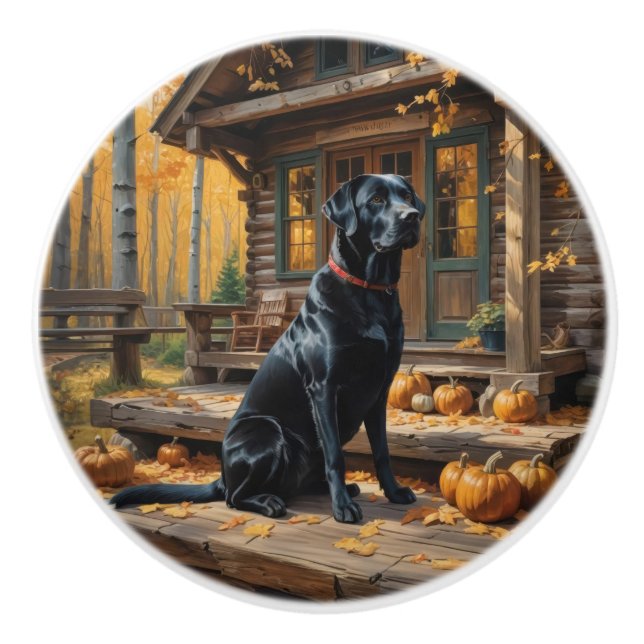 Schwarzes Labrador Retriever Log Kabine Herbst Keramikknauf (Vorderseite)