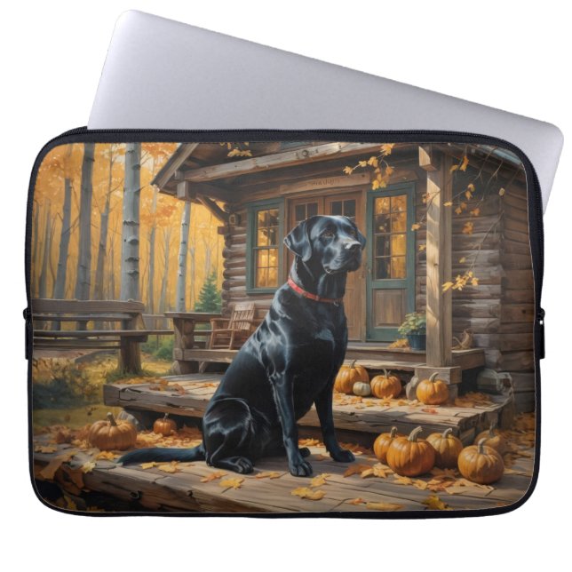 Schwarzes Labrador Retriever Log Kabine Herbst Laptopschutzhülle (Vorderseite)