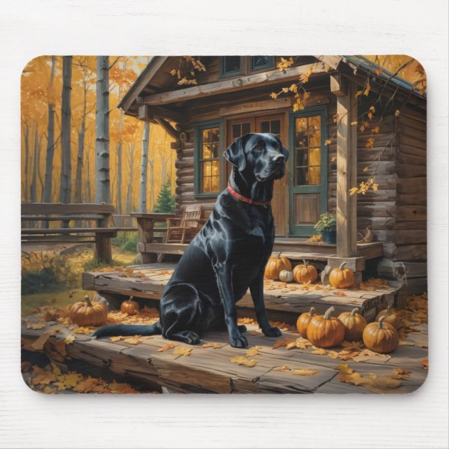 Schwarzes Labrador Retriever Log Kabine Herbst Mousepad (Vorne)