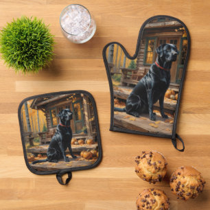 Schwarzes Labrador Retriever Log Kabine Herbst Ofenhandschuh & Topflappen-Set