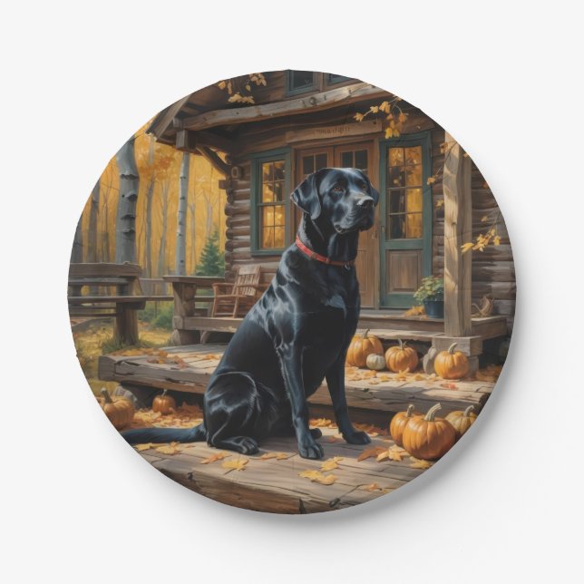 Schwarzes Labrador Retriever Log Kabine Herbst Pappteller (Vorderseite)