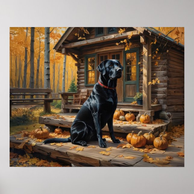 Schwarzes Labrador Retriever Log Kabine Herbst Poster (Vorne)