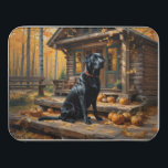 Schwarzes Labrador Retriever Log Kabine Herbst Puzzle<br><div class="desc">Ein schöner schwarzer Labrador Retriever sitzt im Herbst vor einer gemütlichen Blockhütte im Wald</div>