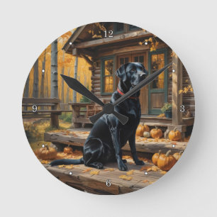 Schwarzes Labrador Retriever Log Kabine Herbst Runde Wanduhr