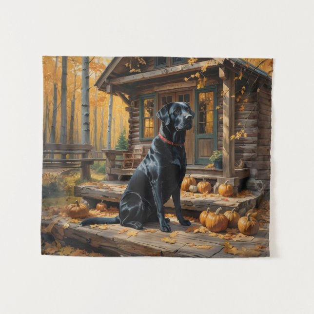 Schwarzes Labrador Retriever Log Kabine Herbst Wandteppich (Vorderseite (Horizontal))