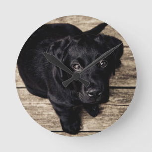Schwarzes Labrador Retriever Welpe auf Holz Runde Wanduhr