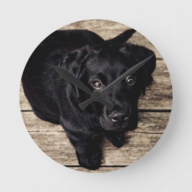 Schwarzes Labrador Retriever Welpe auf Holz Runde Wanduhr (Vorderseite)