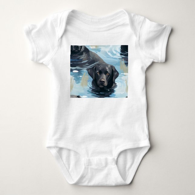 Schwarzes Labrador-Schwimmmuster Baby Strampler (Vorderseite)