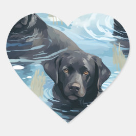 Schwarzes Labrador-Schwimmmuster Herz-Aufkleber