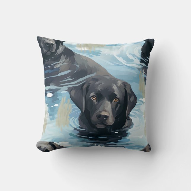 Schwarzes Labrador-Schwimmmuster Kissen (Vorderseite)