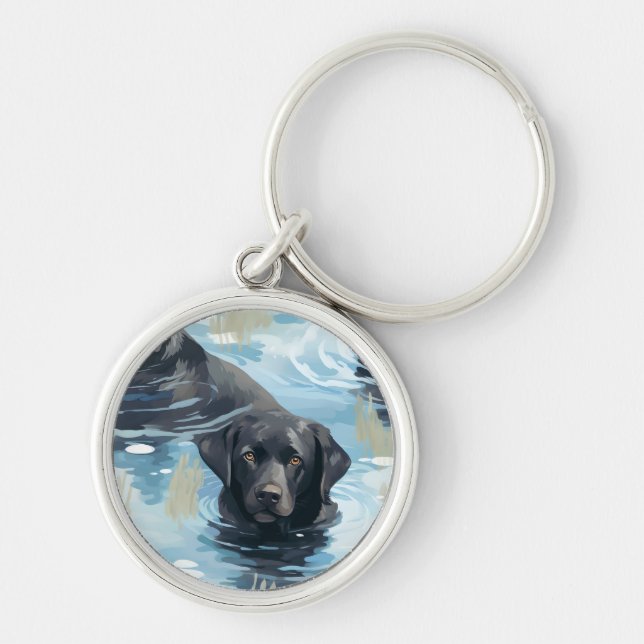 Schwarzes Labrador-Schwimmmuster Schlüsselanhänger (Vorne)